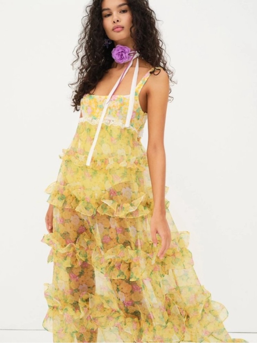 For Love & Lemons Vikki Yellow Floral Ruffled Maxi Dress NWT $315 - Picture 2 of 3